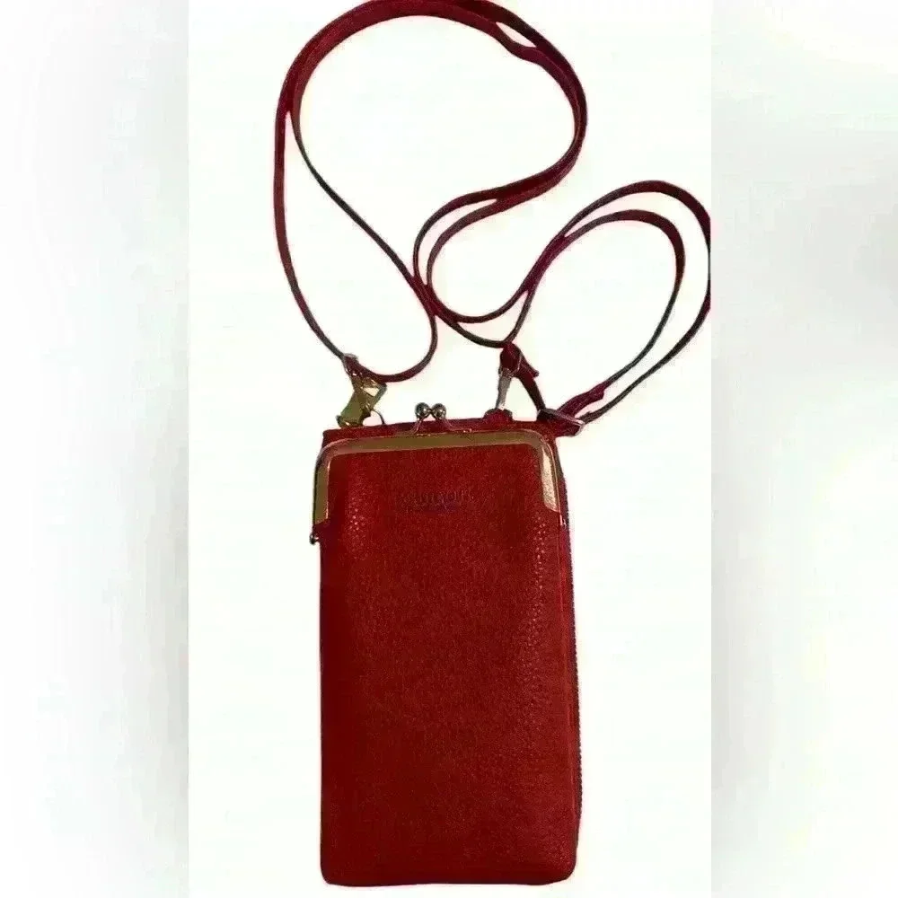 A Forever Young red woman’s,Crossbody bag / wallet with attached iPhone carrier.